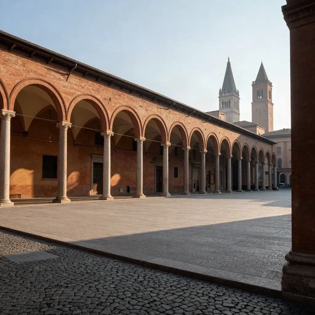 Portici terracotta di Bologna con le Torri sullo sfondo e una piazza di pietra vuota.