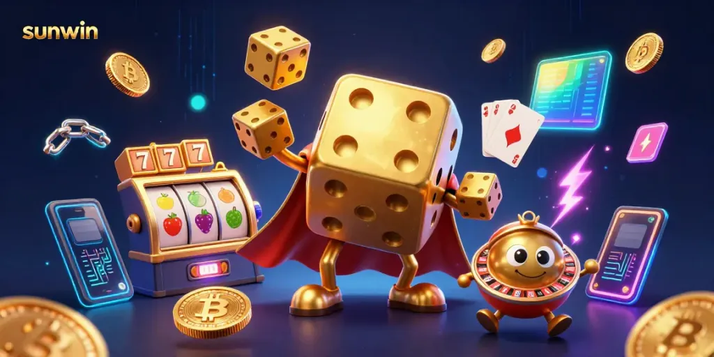 Win jackpots with sunwin in this vibrant 3D casino illustration.