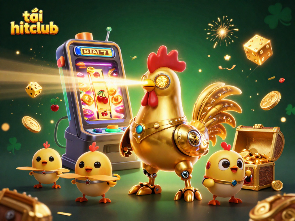Experience the excitement of tải hitclub as the futuristic golden rooster robot leads gaming adventures with vibrant casino elements.