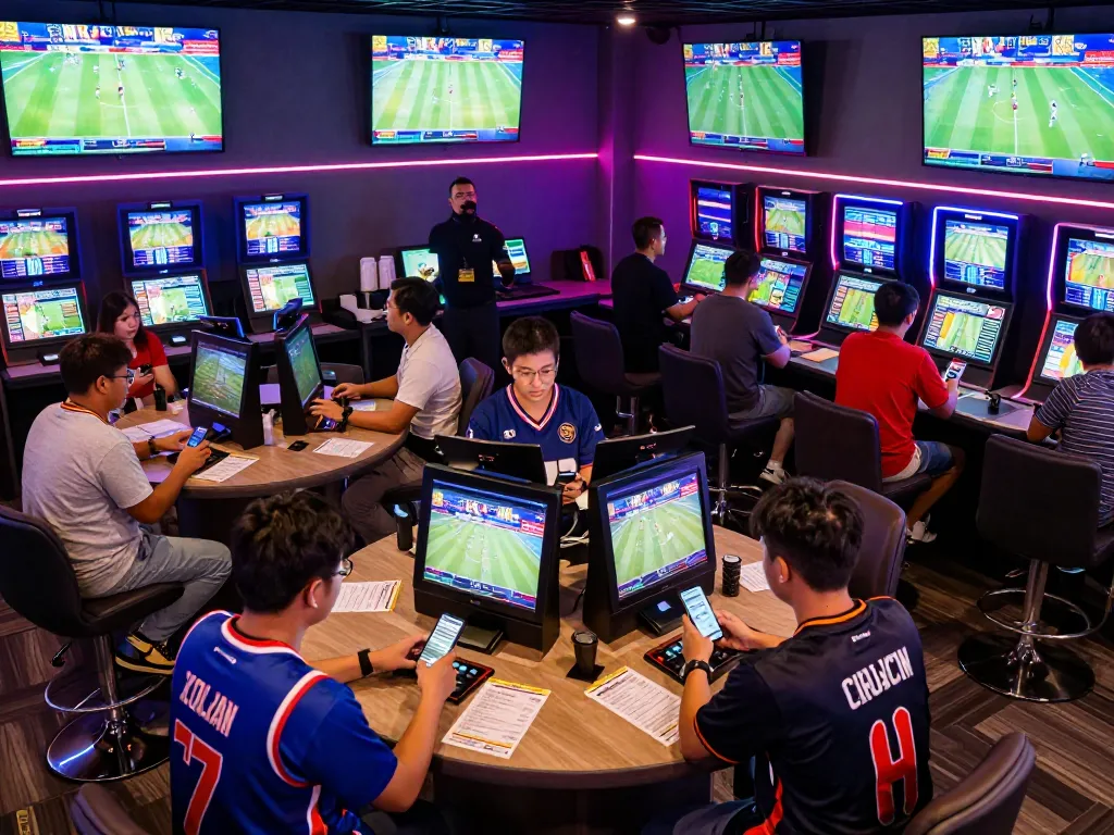 Engaged sports bettors enjoying kèo nhà cái at a vibrant sportsbook venue