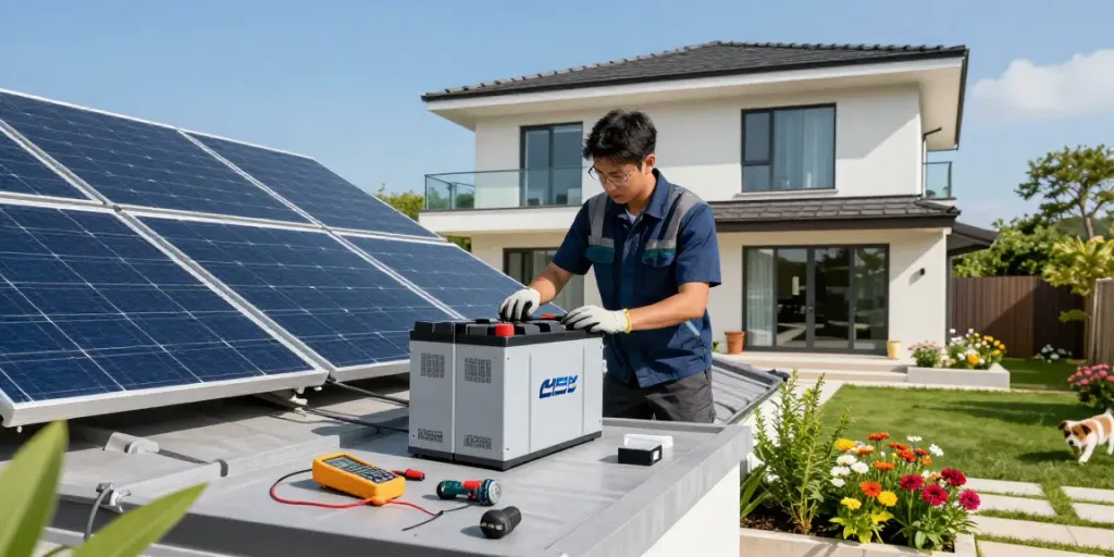 Technician installing batterie lifepo4 in a solar energy system at a modern home.