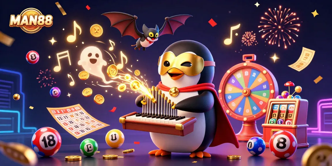 Experience the excitement of MAN88 with a festive 3D illustration of a penguin playing an organ amidst a shower of coins and lottery elements.
