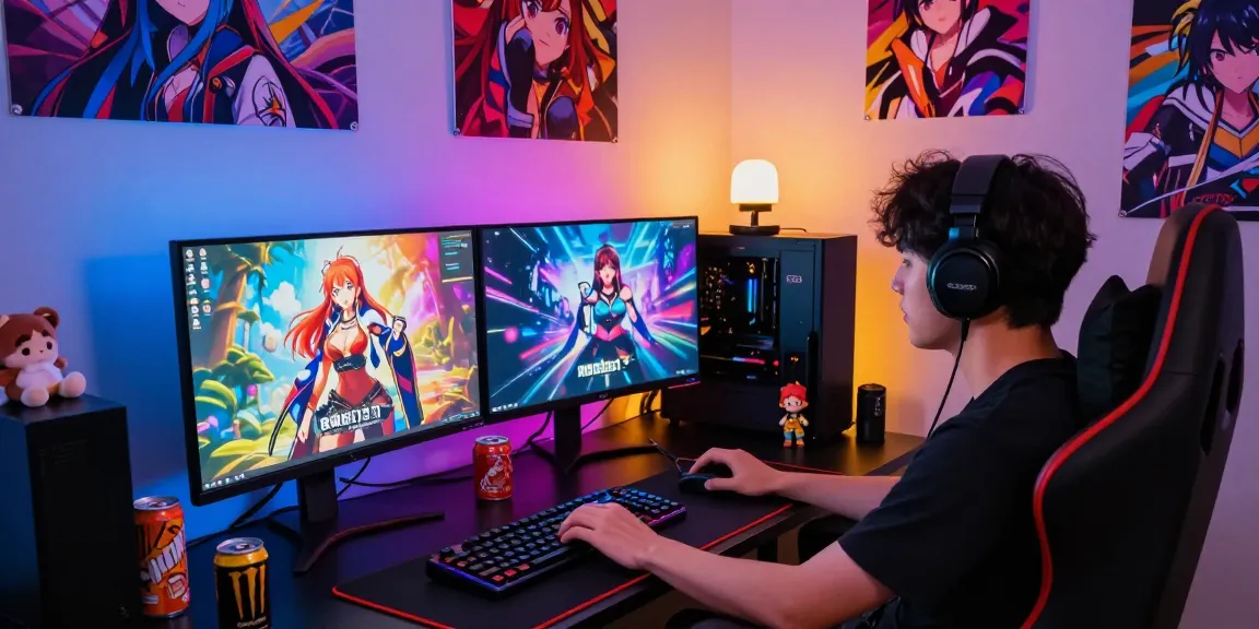 Player immersed in hentai games with vibrant RGB setup, gaming accessories, and anime decor.