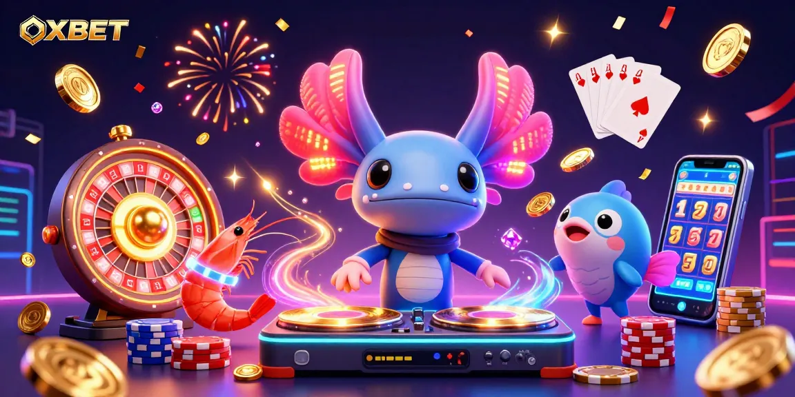 Experience OXBET's vibrant casino atmosphere with neon characters and dynamic game elements in a lively setting.