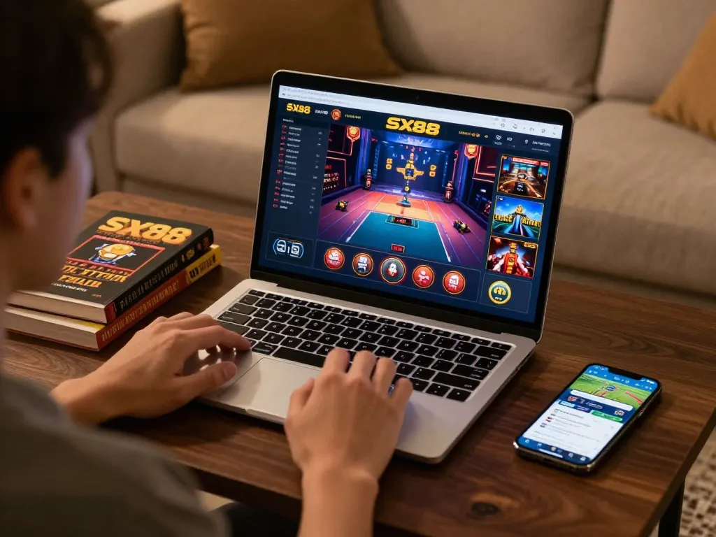 SX88 casino interface on laptop during strategic online gaming session in cozy home.
