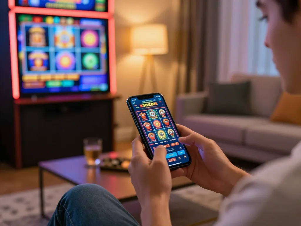 Player enjoying HBET mobile casino game on smartphone in modern living room