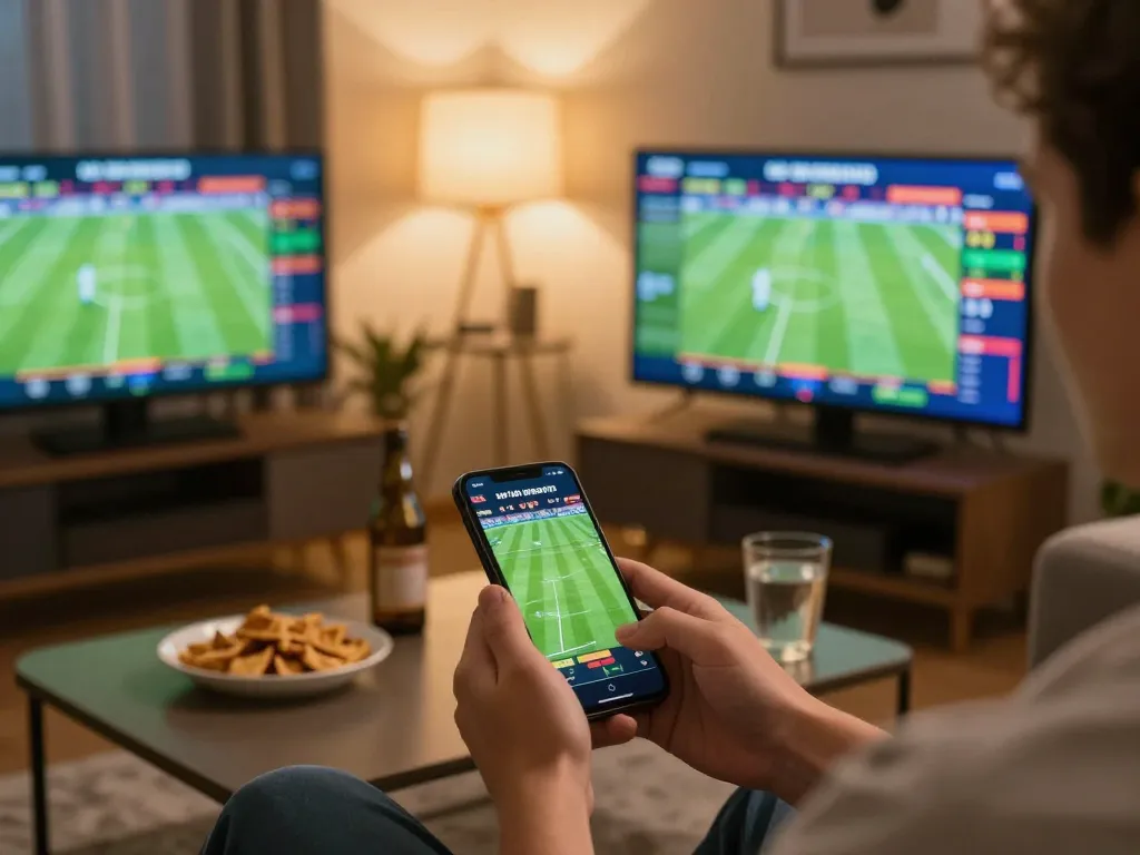 Engaging in live sports betting on vipwin with a smartphone in a cozy setting
