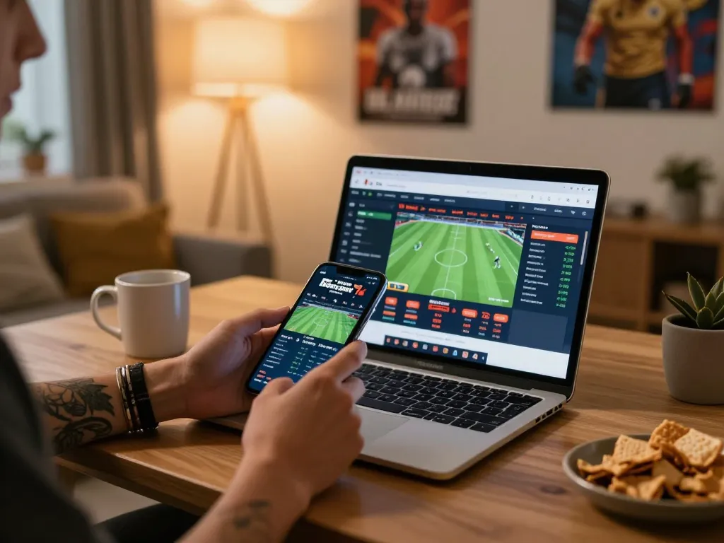 DABET sports betting on a smartphone in a cozy home office, enhancing gaming experience.