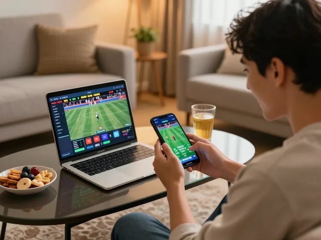 Kèo nhà cái sports betting action with a person excitedly placing bets on a smartphone in a cozy home setting.