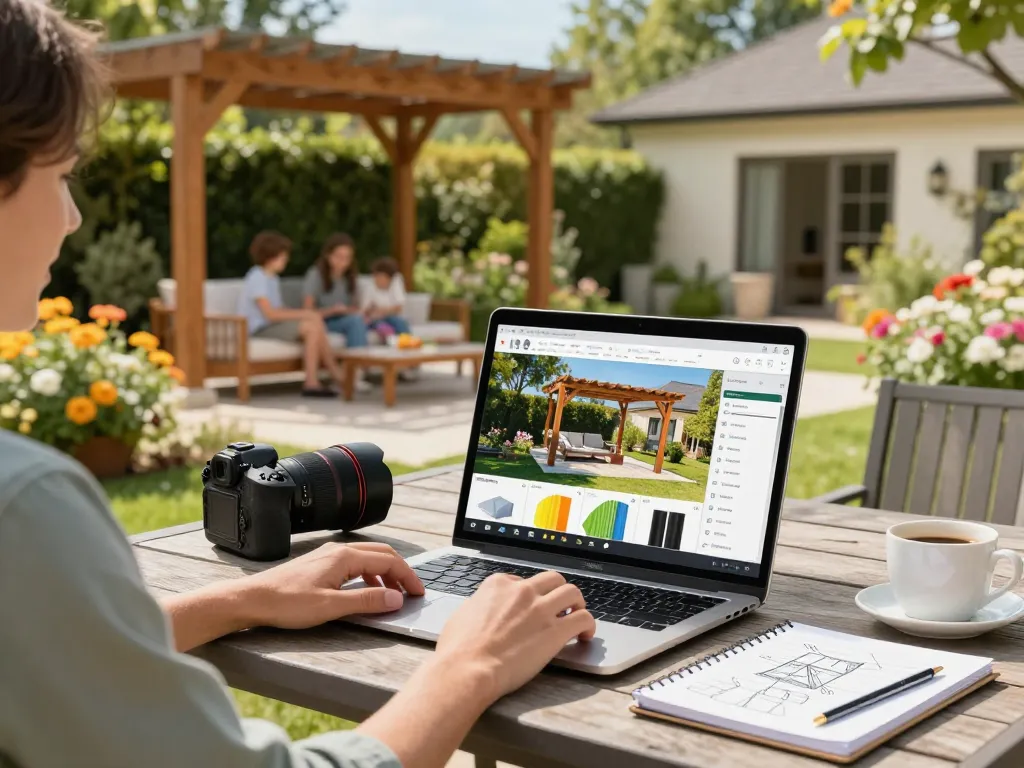 Personalizzazione di una pergola online utilizzando un configuratore pergole online circondato da un bellissimo giardino.