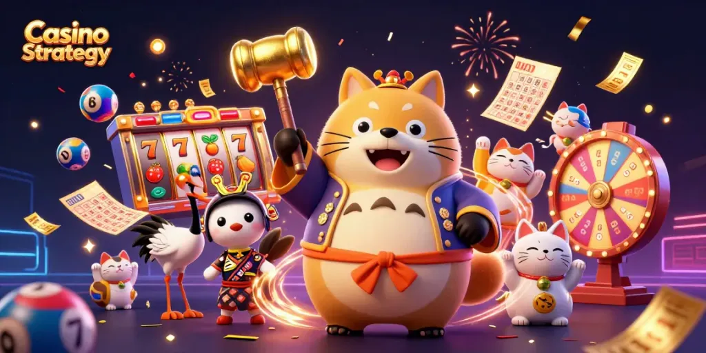 Engaging illustration of Casino Strategy featuring a cheerful tanuki and vibrant slot symbols for dynamic gaming adventures.