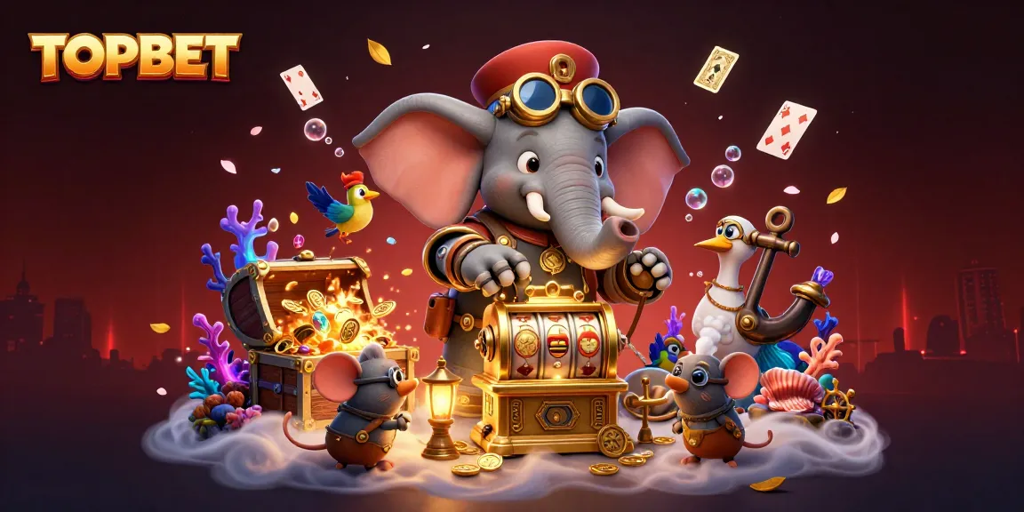 Experience exciting winning opportunities at TOPBET with a steampunk elephant at a vibrant casino scene.
