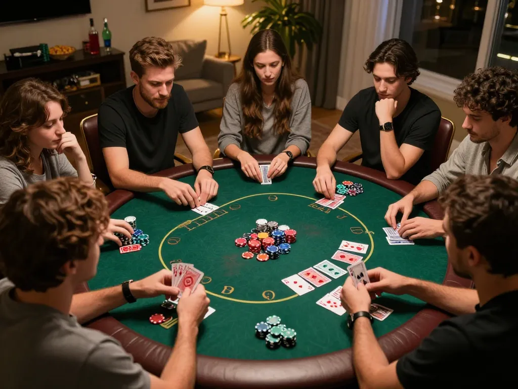 Friends engaged in an intense poker game at home, analyzing cards and placing bets with 88xx strategy.