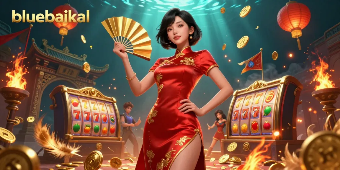 Experience bluebaikal's thrilling slots with a radiant Asian woman in a lively casino scene.