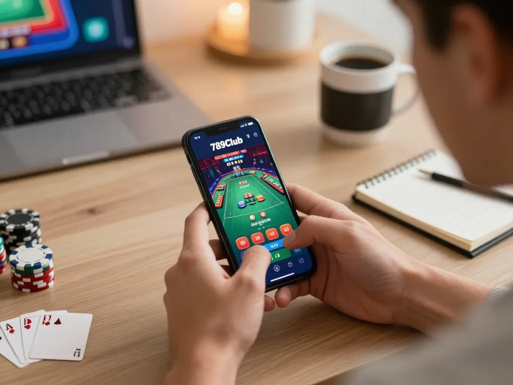Engaged player using the 789Club app for online gaming strategy in a cozy home setting.