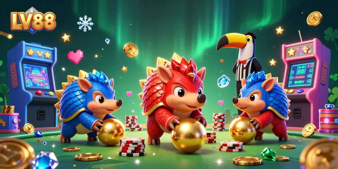 LV88 pangolins bowling with poker chips in a vibrant 3D casino illustration.