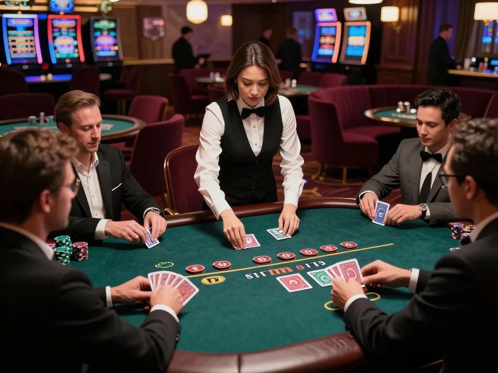 Hitclub players strategizing their hands at a stylish blackjack table in a luxurious casino