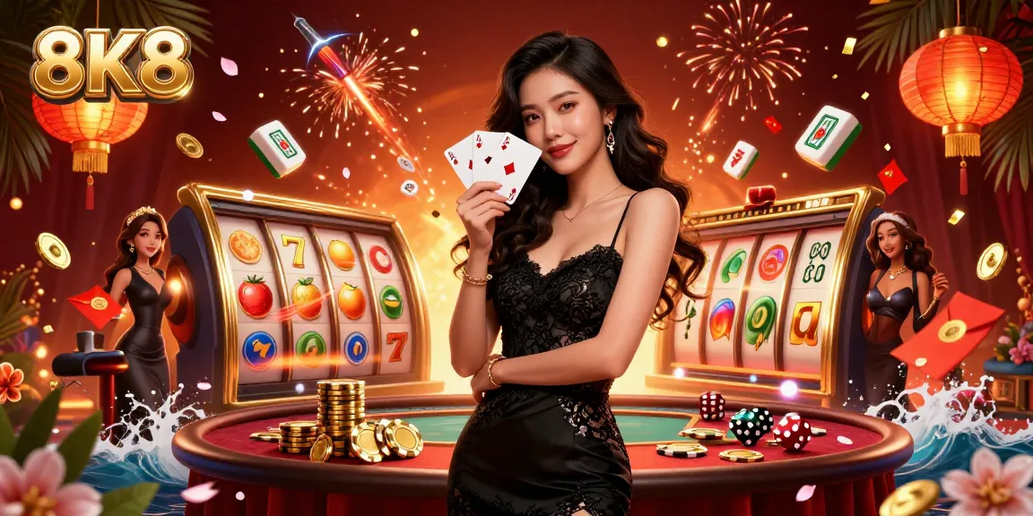Experience winning at 8K8 Casino with our stunning illustration featuring slot games and lavish casino ambiance.