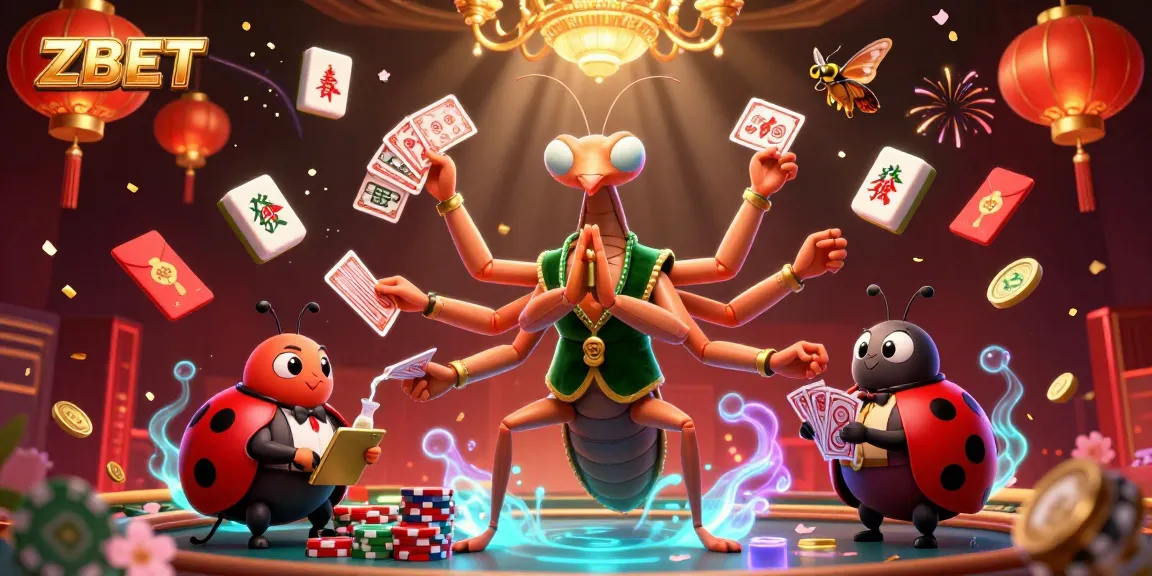 ZBET showcases an exciting casino scene with a giant mantis and ladybug characters engaging players in thrilling games.