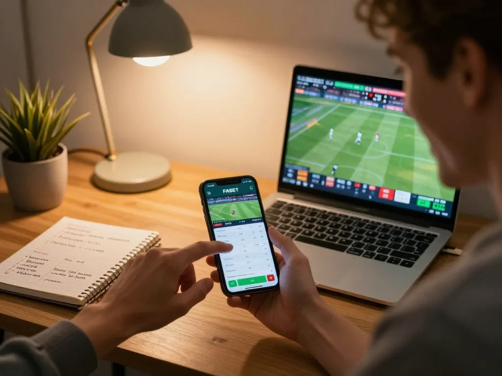 Person using FABET sports betting app on smartphone while analyzing game strategies at home desk