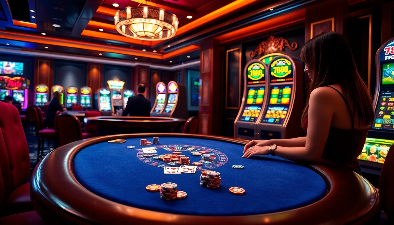 Engaged players enjoying a FB88 poker game at a luxurious casino table.