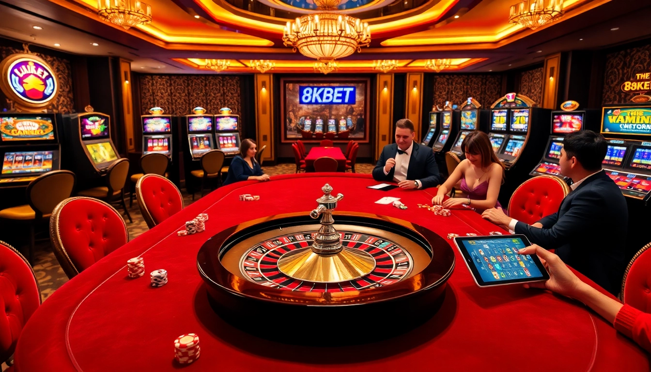 An immersive casino scene showcasing players at 8KBET engaged in thrilling games, from poker to roulette.