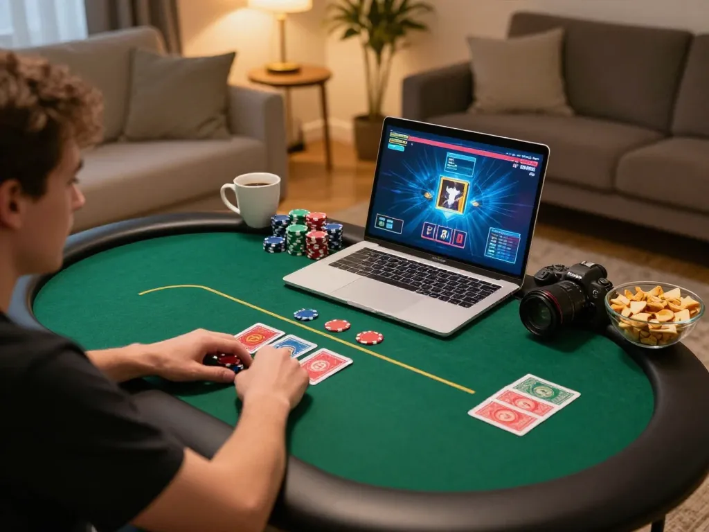 Player strategizing and enjoying their HITCLUB online poker game in a cozy home setup