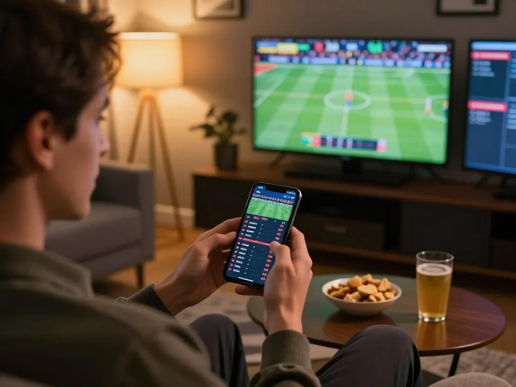 UU88 player examining betting odds on a smartphone in a vibrant sports lounge environment.