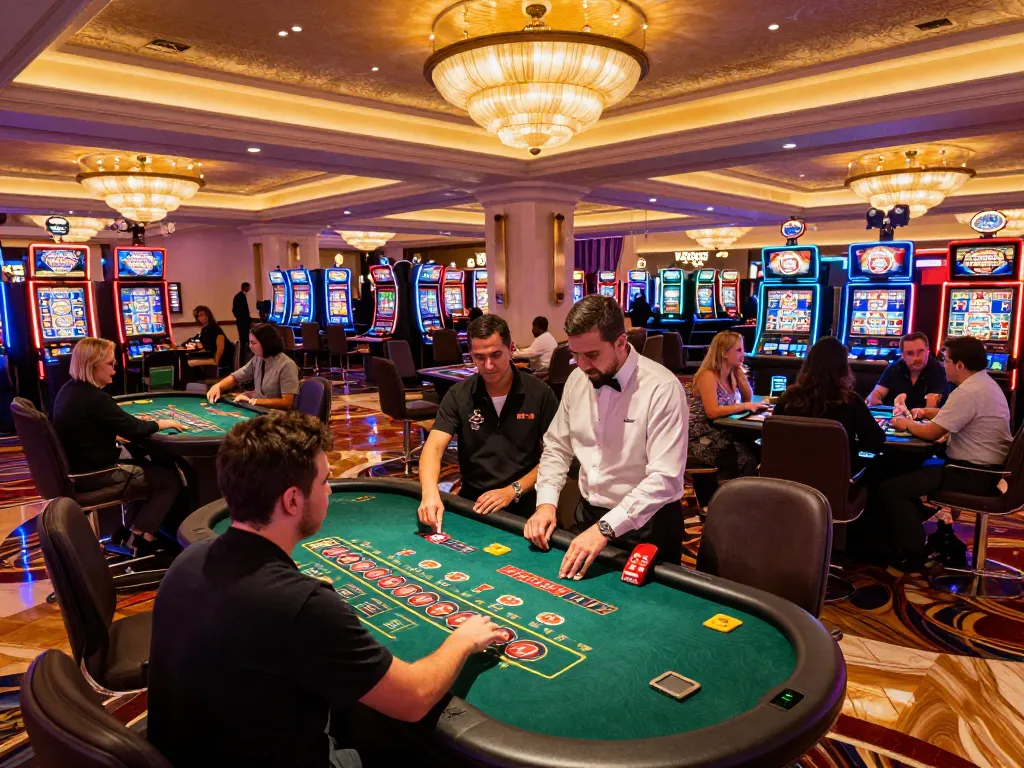 Players enjoying strategic gameplay at one88 casino tables, surrounded by vibrant slot machines and dynamic atmosphere.