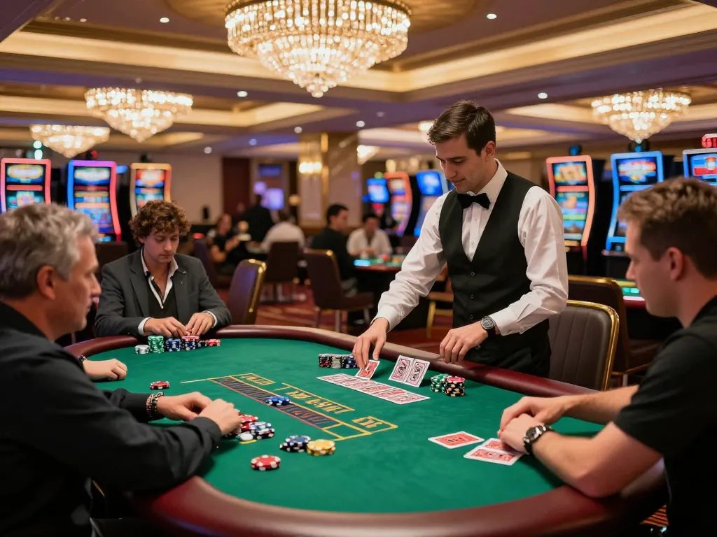 Players engaging at a DA88 blackjack table under ambient casino lighting, creating a vibrant atmosphere.