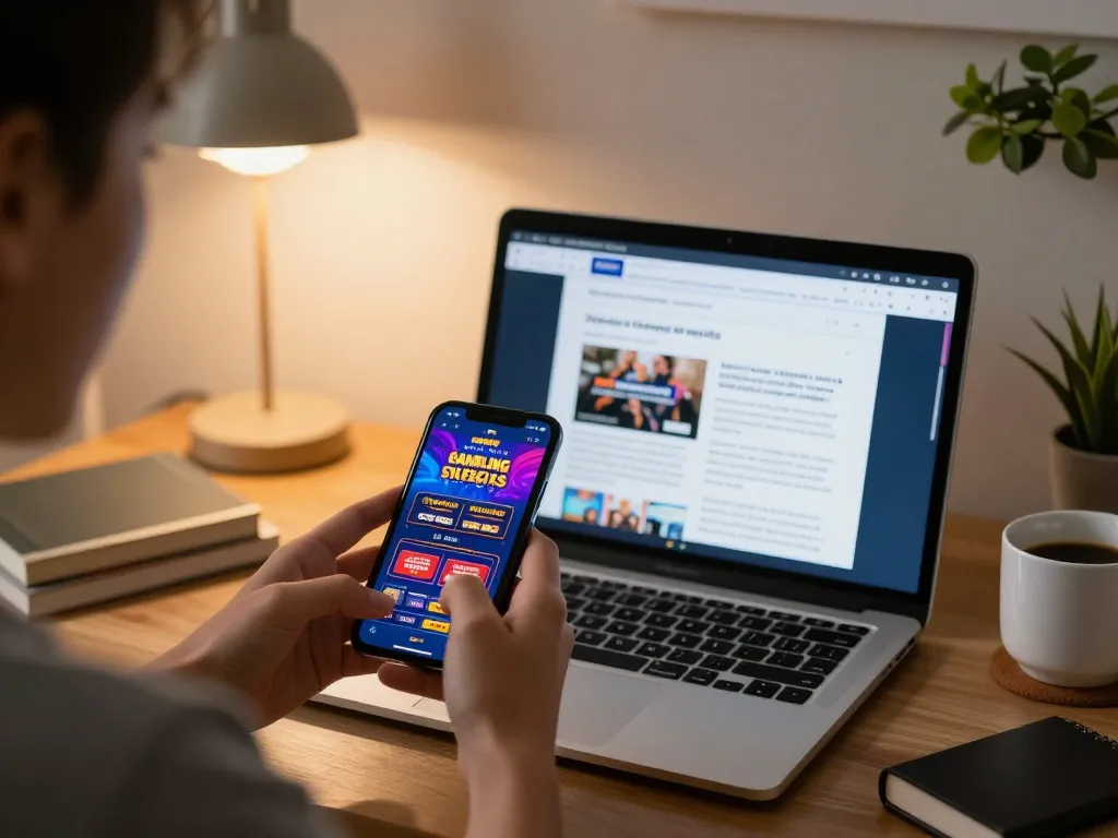 Player using mobile app for TA88 betting, showcasing vibrant casino interface and cozy home environment
