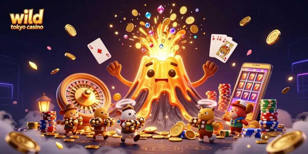 Win big at wild tokyo casino with vibrant 3D illustration of treasure and excitement.
