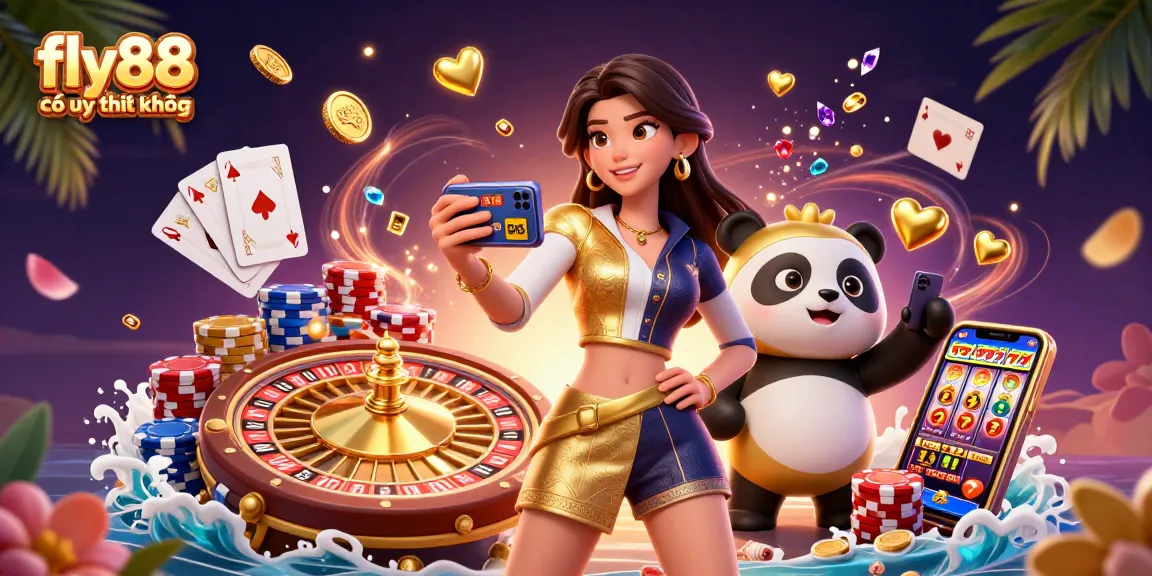 Experience the excitement of fly88 có uy tín không with a glamorous Asian woman and golden panda in a vibrant casino scene.