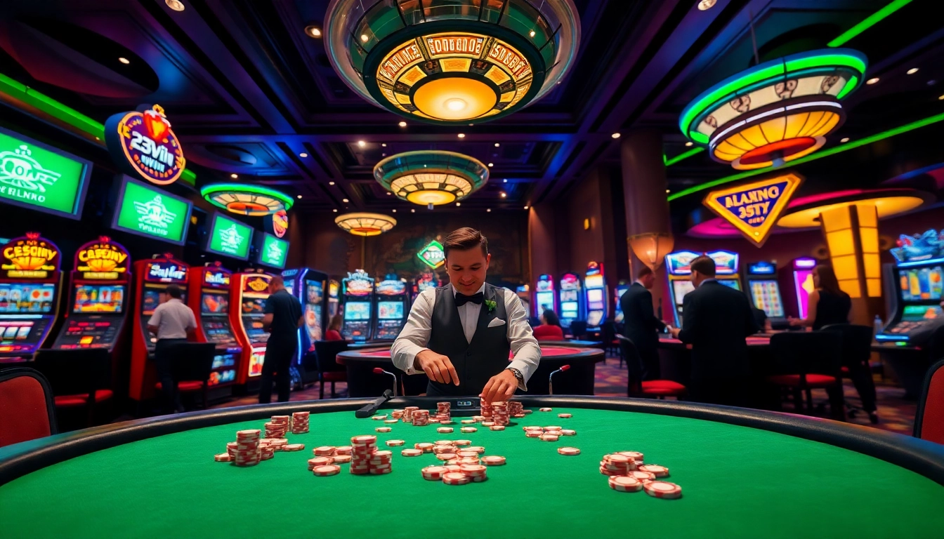 Players enjoy a thrilling poker game at 23win's luxurious casino, surrounded by vibrant slot machines.