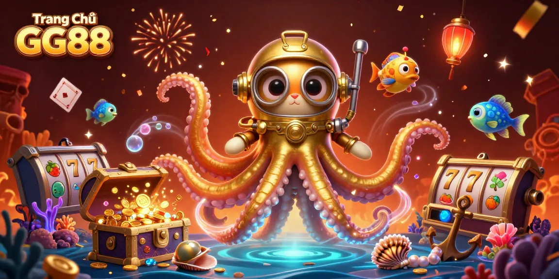 Engage in gaming adventures at Trang Chủ GG88 with a vibrant underwater casino scene featuring a colossal kraken and a diving cat.