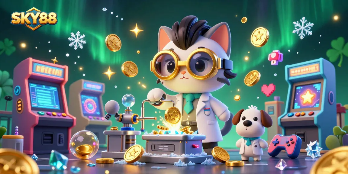 Experience thrilling gaming action at SKY88 with an immersive illustration of cartoon characters and vibrant casino elements.