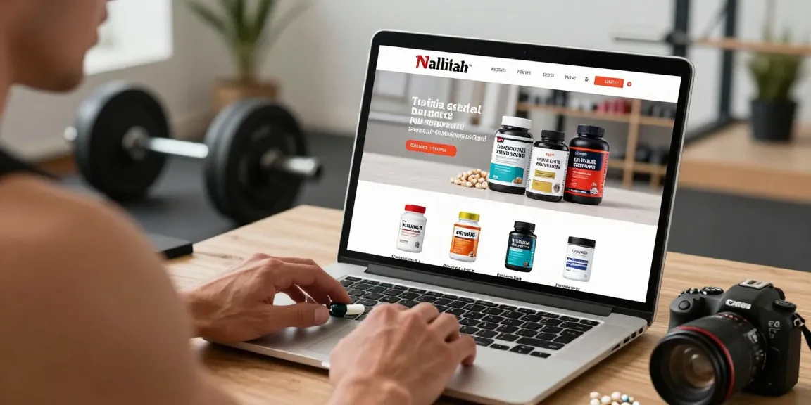 Steroide Boutique online shopping for anabolic steroids with a bodybuilder in a home gym setting.