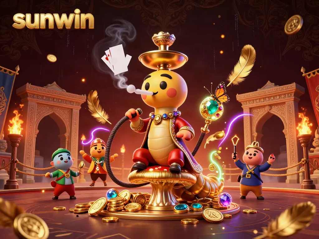 Experience sunwin's exciting casino games with a dynamic 3D illustration featuring vibrant characters.