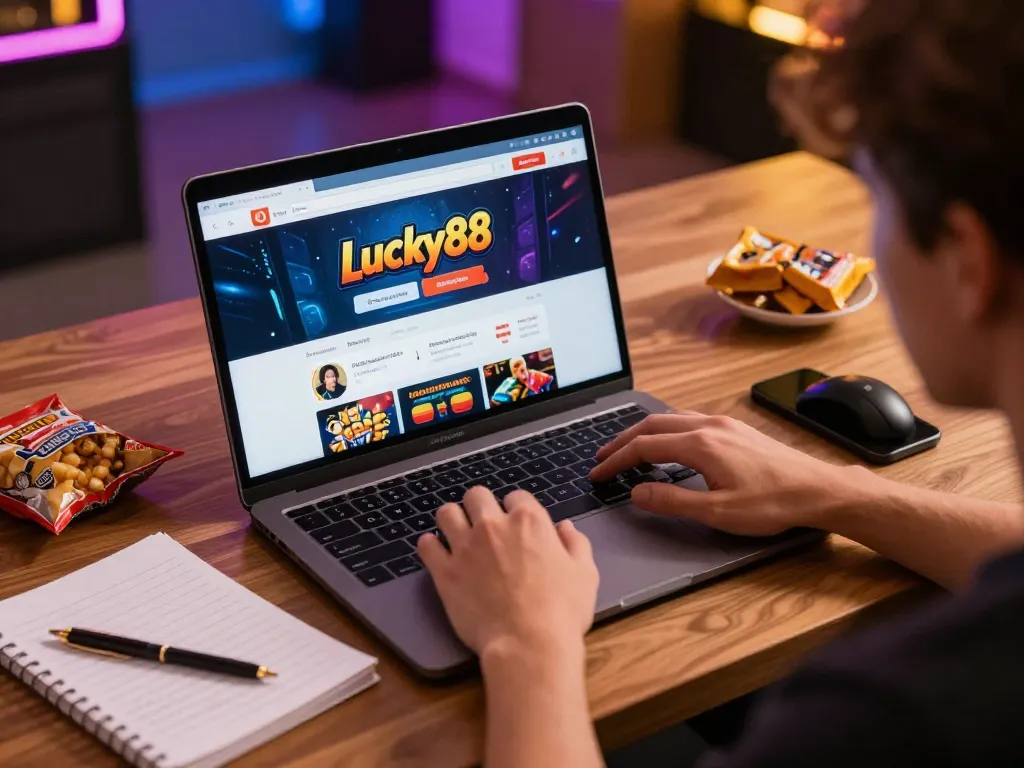 Engaging gameplay on link lucky88's online casino platform, showcasing an interactive gaming experience with laptop display