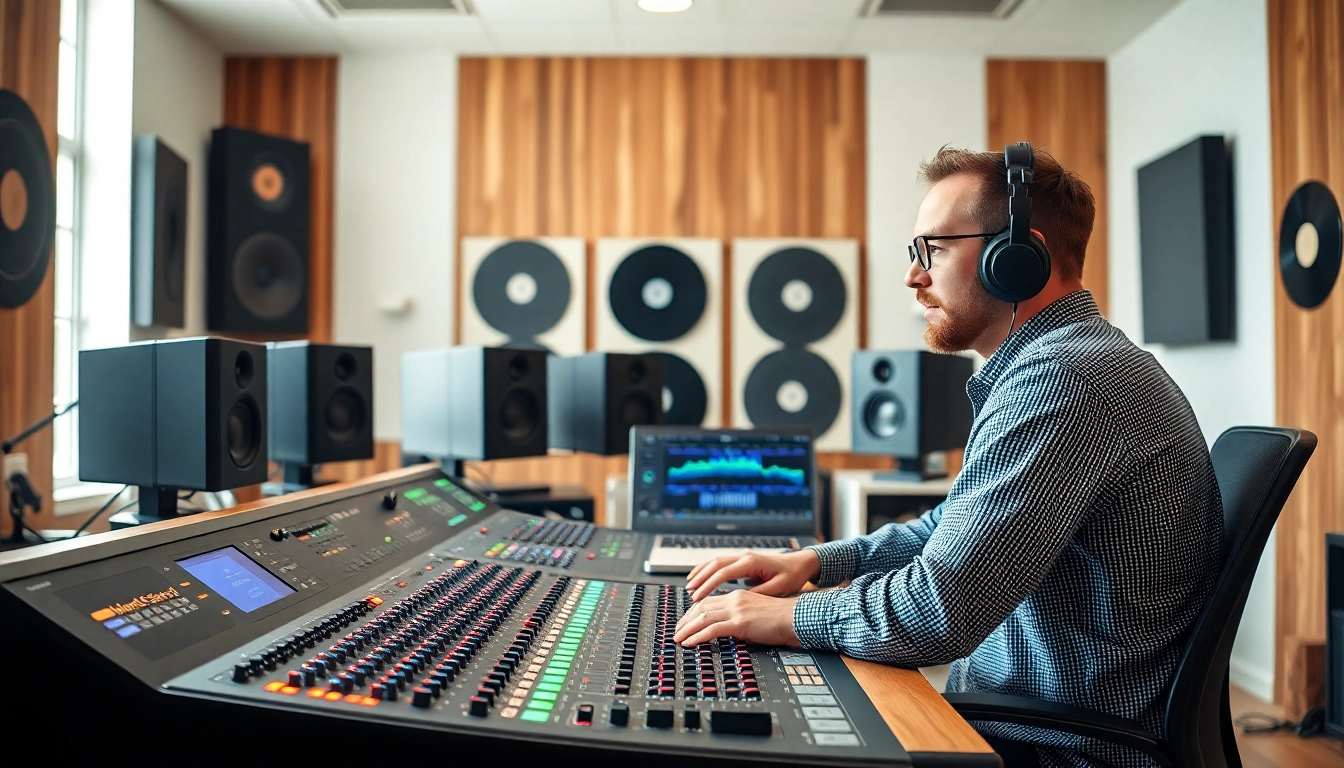 Capture the essence of online audio mastering with a skilled engineer at work in a modern studio.