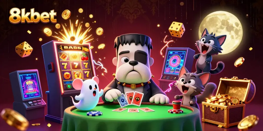 Experience thrilling gameplay at 8kbet with a lively casino scene featuring engaging characters and vibrant game elements.