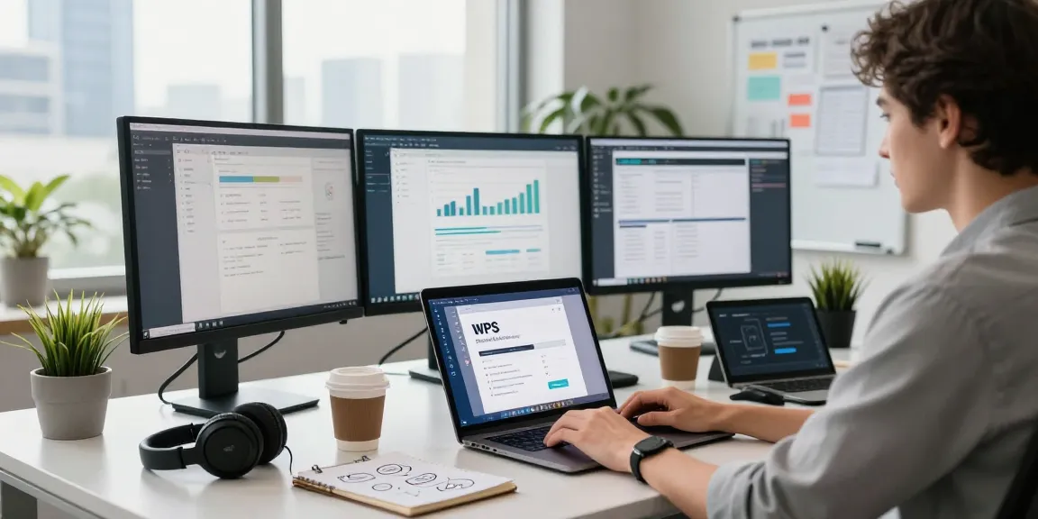 Professional user engaging in WPS Download on sleek desk with modern tech setup.
