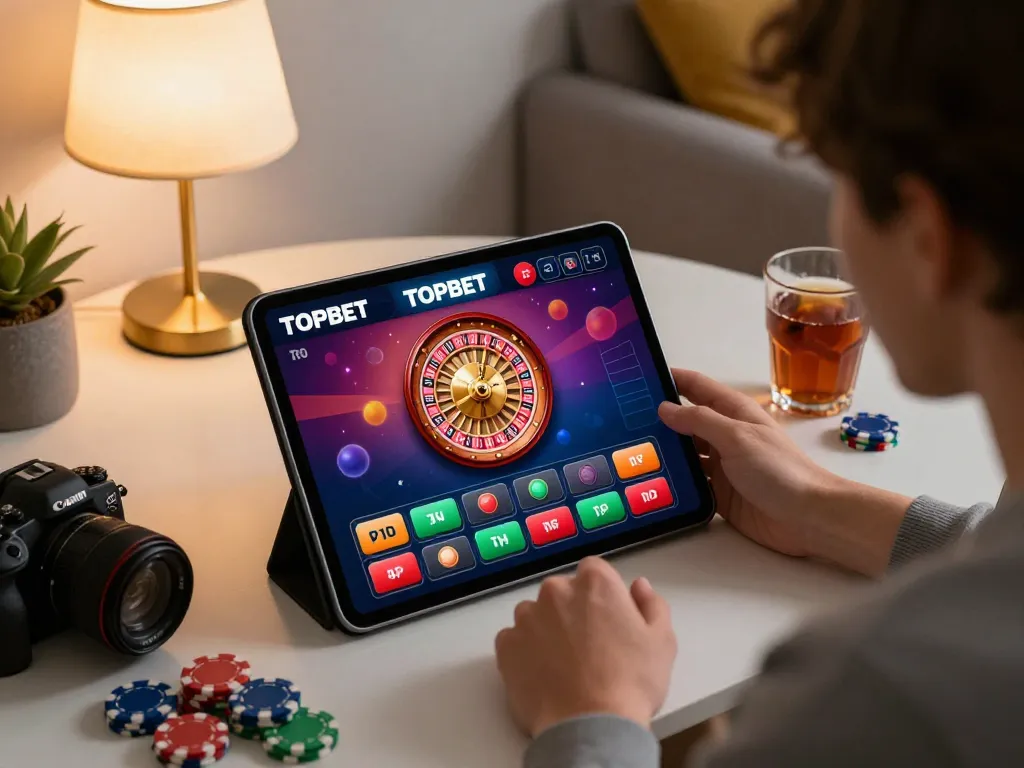 Engaging with the TOPBET app in a cozy home setting for strategic online gambling.