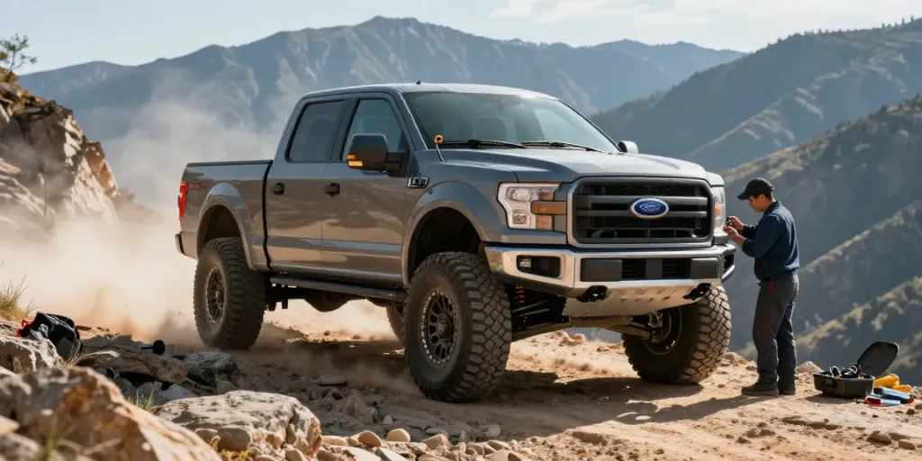 Ford 150 truck enhanced with a leveling kit, off-road in rugged terrain.
