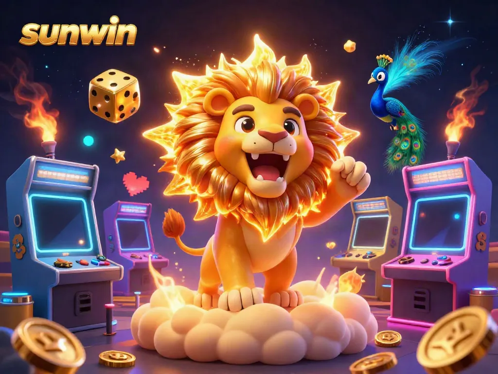 Engage with the vibrant Sunwin gaming scene featuring a majestic sun lion and cosmic elements.