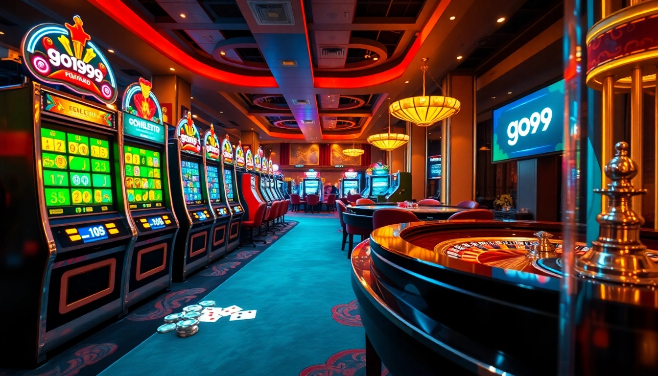 Experience the thrill of go99 with vibrant casino machines and poker tables under soft lighting.