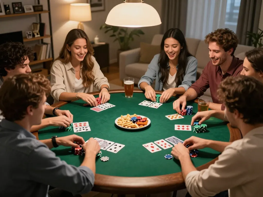 Friends playing poker at home showcasing strategy and camaraderie with LU88-themed decor.