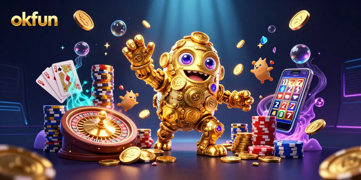 Experience thrilling wins with okfun in a vibrant casino scene showcasing dynamic slots and playful gold sprites.