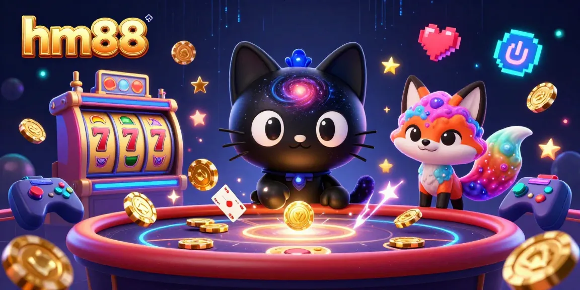 Experience captivating gaming action at hm88 with a cosmic black hole cat and vibrant slot elements.