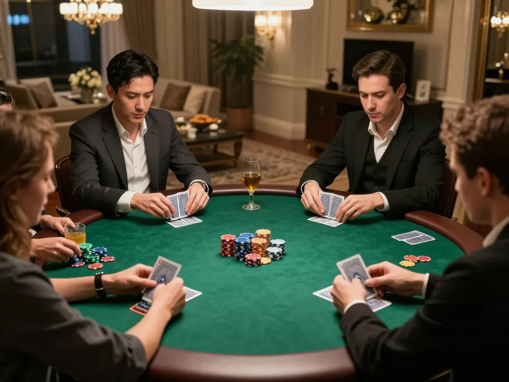 Players strategizing at TIP88 poker night with chips and cards in a luxury setting
